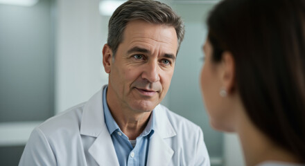Fototapeta premium Serious doctor listening to patient with concerned expression in medical office. Healthcare consultation essential for patient care and medical trust relationship building