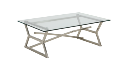 Clear glass top coffee table with light gray metal legs.  Geometric X-shaped base