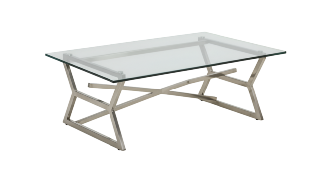 Clear glass top coffee table with light gray metal legs.  Geometric X-shaped base