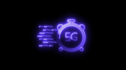 Animated 5g network speed clock with glowing neon effect on black background demonstrating fast mobile data transmission - Powered by Adobe
