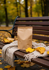 Beige package sits on park bench draped with fall leaves and a beige blanket. Autumnal scenery