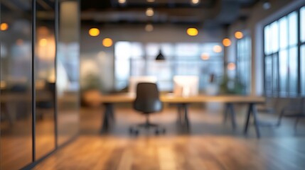 Modern office workspace interior design blurred background abstract desk room dark wood gray chair