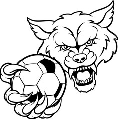 A wolf angry animal soccer football sports mascot holding a ball