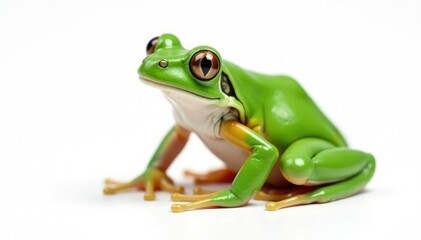 Obraz premium Single vibrant green frog, against pure white, reptile, fauna, wildlife