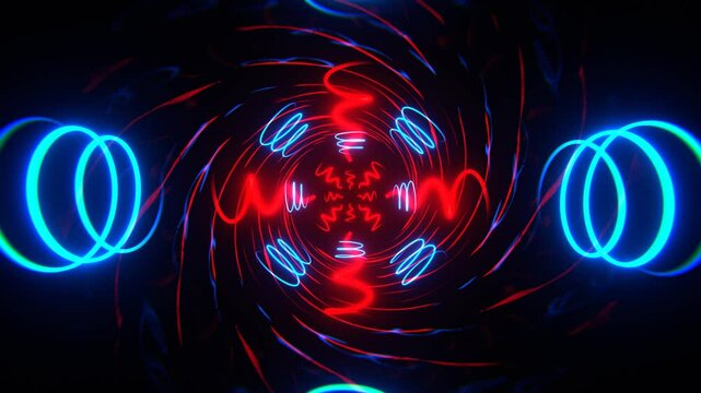 Red and Blue Neon Spirals Reverse Tunnel Background VJ Loop in 4K