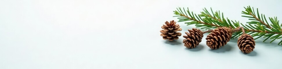 Small pinecones and branches on white surface with a hint of green, branch, natural