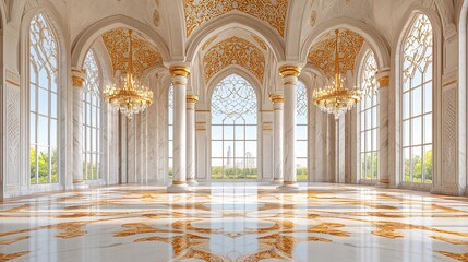 Luxurious palace hall, grand windows, city view, marble floor, event backdrop