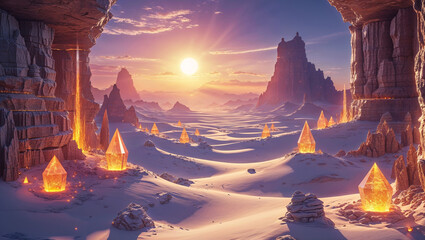 Winter landscape with glowing crystals and mountain peaks at sunset