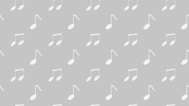 斜めにスクロールする音符柄のグレーの背景。ループする4Kアニメーション
