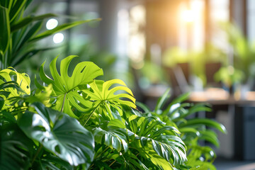 A sustainable and nature friendly corporate environment with lush green plants, providing office space that promotes business productivity and employee wellbeing, while also emphasizing environmental 