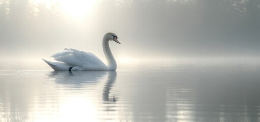 Fototapeta premium Serene Swan at Dawn: A Misty Lake Reflection