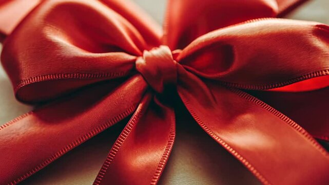 Red satin ribbon bow tying and unraveling in closeup motion
