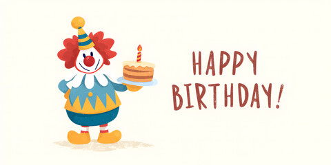 Fototapeta premium Colorful clown celebrating a joyful birthday with a cake and candles in a festive atmosphere
