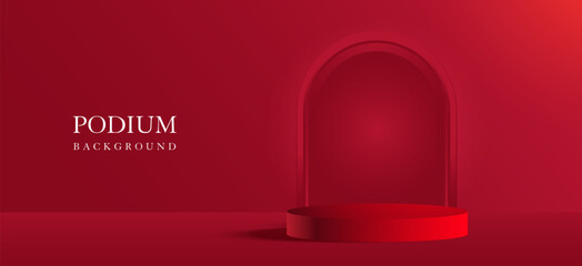 3d studio room red podium background with cylinder podium luxury for product display vector illustration