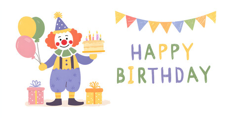 Colorful clown celebrating a joyful birthday with a cake and candles in a festive atmosphere