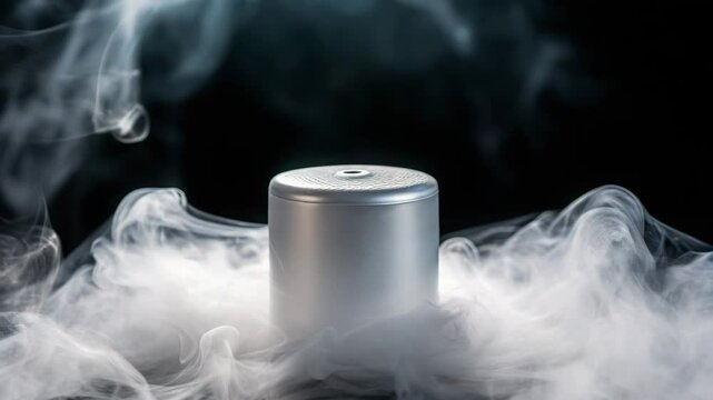 Sleek silver diffuser surrounded by swirling mist creates calming atmosphere for relaxation and aromatherapy at home.