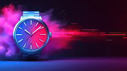 Timepiece with blue and red colors across it, surrounded by colorful smoke on a deep colored background