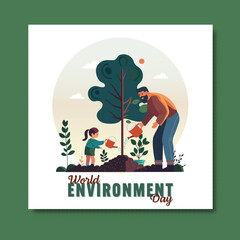 Obraz premium World Environment Day Post with a Father and Daughter Together Watering on Plant for Healthy Life or Save Future.
