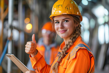 An industrious female worker, equipped with the notepad, evaluates projects while giving the thumbs up, alongside the construction supervisor engineer who prioritizes personal protective equipment ens