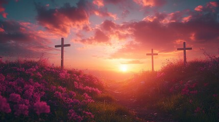Obraz premium three silhouetted crosses in wind-blown meadow under glowing morning sky 