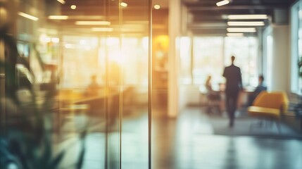 Modern office interior blurred background business people working space team gold warm glass light