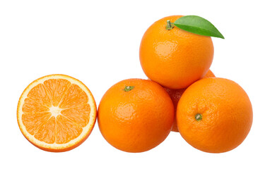 Orange fruit pile with leaves and half isolated, transparent PNG, PNG format