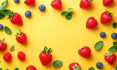 Obraz premium Fresh Strawberries and Blueberries with Mint on Yellow Background