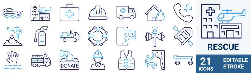 Rescue web line icon set. Includes ambu bag ,barrier, fire hydrant, first aid, flashlight, ladder, and More. Outline icons vector collection.