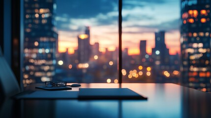 Modern office desk sunset cityscape view stunning evening panorama room dark blue night urban glass