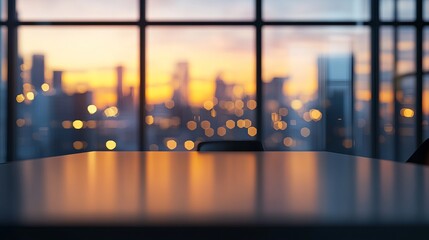 Modern office desk view stunning city sunset lights blurred background hour room urban table night