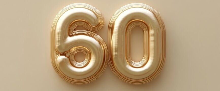 Golden '60' shape figures with a layered design and soft shiny surface on a beige surface