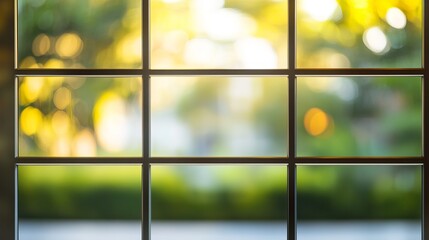 Soft sunlight through window pane green garden view bokeh blurred background peaceful atmosphere day