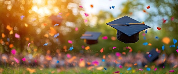 Graduation Hats tossed, confetti falling, success celebrated outdoors