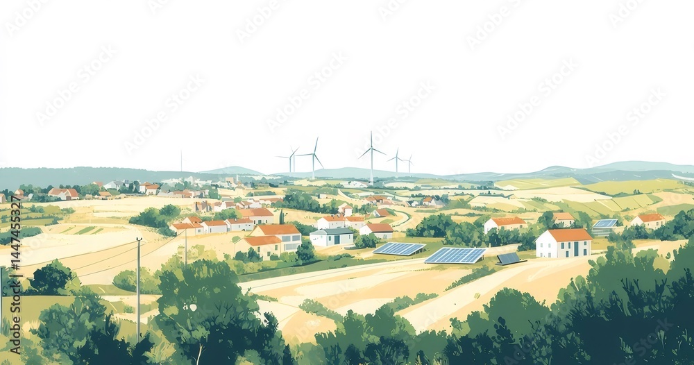 Poster ピクセル化された風景 太陽光パネルと風力タービンを備えた家々のパノラマビュー 自然の中の都市景観 昼間の青い空