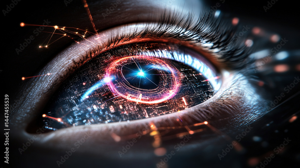 Aufkleber close up of human eye with digital interface overlay, symbolizing integration of technology and huma