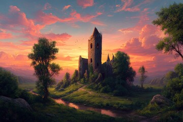 Majestic landscape with a large medieval castle, dominating the background, surrounded by lush greenery, under a vivid sunset sky