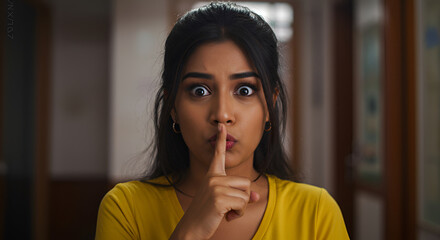 Closeup portrait of a woman with wide eyes making the quiet gesture with her finger on her lips, concept of secrecy and silence