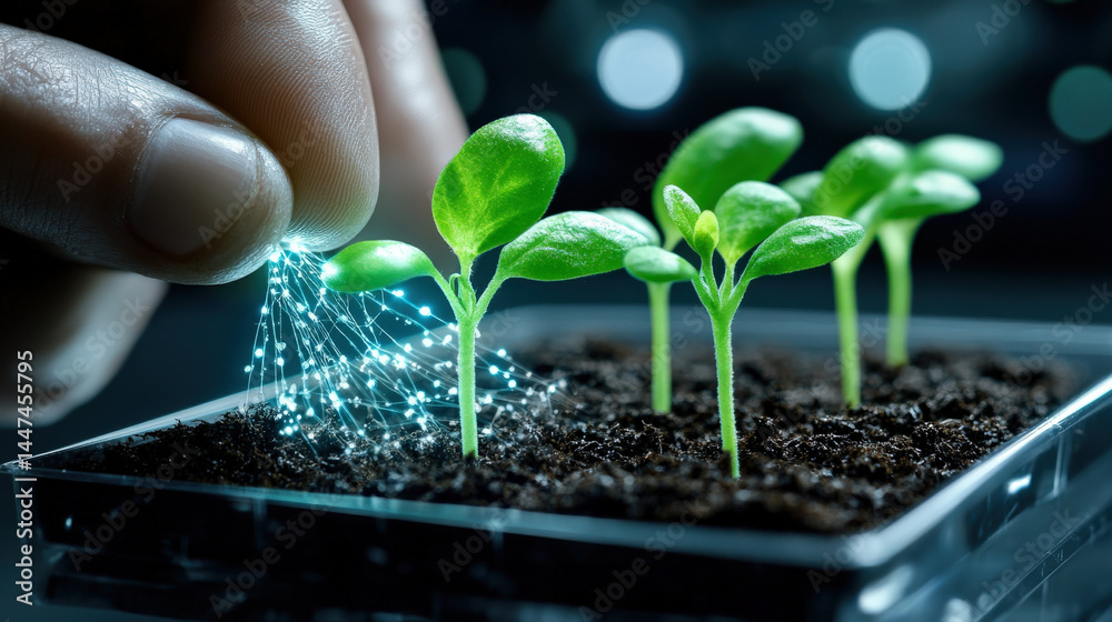 Aufkleber hand gently interacts with young seedlings in tray, symbolizing integration of technology and nature