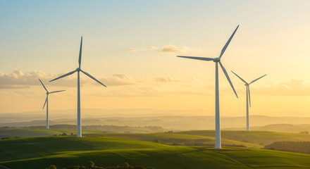 Wind Turbines Standing Tall on Green Field Against Warm Sky During Golden Hour