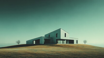 Obraz premium Modern homesteading with solar panels, a satellite & chimney surrounded by a manageable farm.