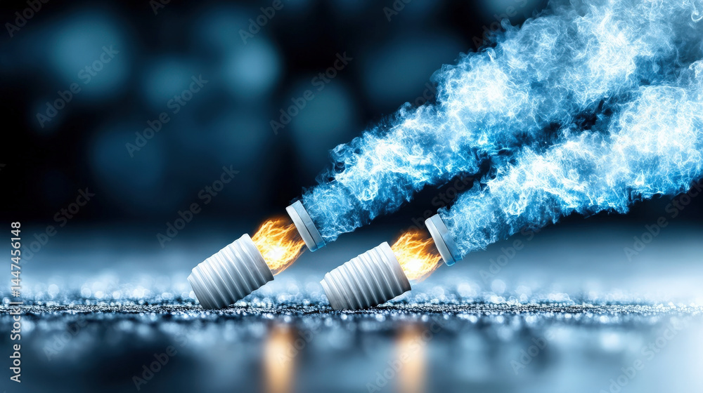 Leinwandbilder two smoking light bulbs with fiery elements create dramatic visual effect against blurred background