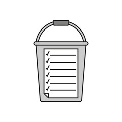 Bucket list with check marks and lines. Bucket with a sheet of paper with a list of checkmarks and checklist. Vector illustration on white background.