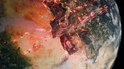 Planet Earth showing southern Europe and northern Africa with heart symbol inside chat bubble and red digital network lines. Social media communication and global connection concept. vertical - Powered by Adobe