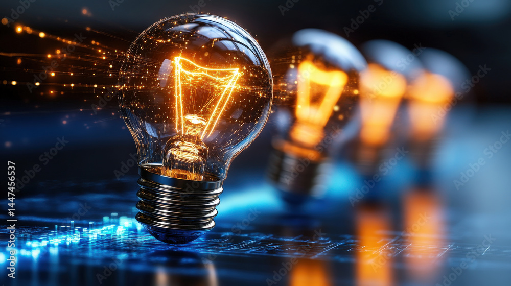 Aufkleber row of glowing light bulbs symbolizes innovation and technological advancement, with focus on econom