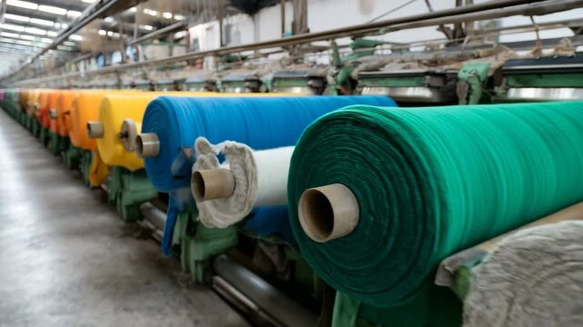 A textile factory displaying vibrant rolls of colored yarn, symbolizing creativity, craftsmanship, and the intricate process of fabric production in a lively industrial setting.