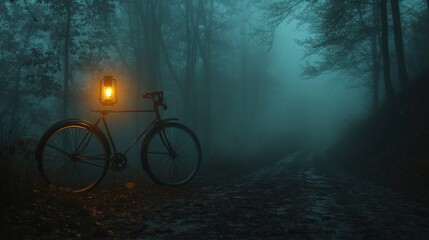Obraz premium Mysterious Night Ride: A Vintage Bicycle with a Lantern in a Foggy Forest