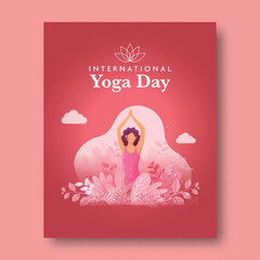 International Yoga Day post with Faceless Woman Practice Yoga Sukhasana Pose on Pink Nature View Illustration.