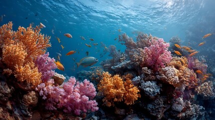 Obraz premium Vibrant underwater coral reef scene with schools of fish in clear blue water