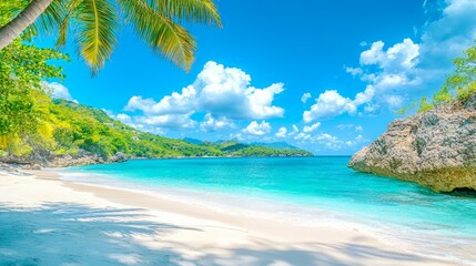 Obraz premium Tropical beach with palm tree framing the turquoise ocean and serene atmosphere