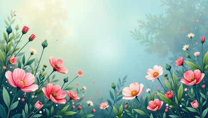 Obraz premium Delicate wildflowers & leaves, pastel palette, spring, soft